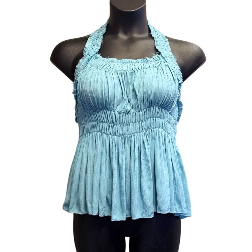 POL Blue Backless Halter Sleeveless Boho Top with Smocking Shirring Detail NEW - Picture 9 of 14